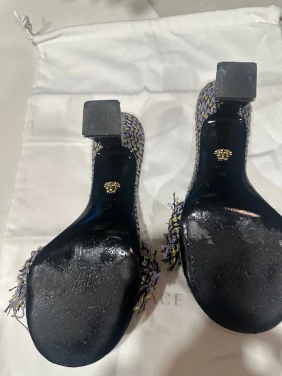 Versace Purple Tweed Slide Sandals with Gold Chain Trim, size 39 - Picture 3 of 4